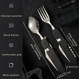 Stainless Steel 6-in-1 Multi-Tool Cutlery Set, Folding Pocket Knife with Fork, Spoon, Can Opener, Corkscrew, and Bottle Opener, Versatile Outdoor Survival Gear, with Varnished Finish for Camping,
