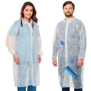 Disposable Lab Coats for Adults XX-Large, Pack of 10 White Disposable Lab Coat, Splash-Proof Plastic Lab Coats, Medical PPE Coat with Elastic Cuffs, Folded Collar, Hook & Loop Fastener, No Pockets