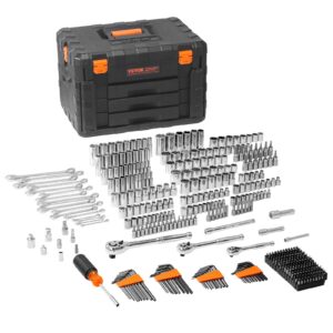 VEVOR Mechanics Tool Set and Socket Set, 1/4" 3/8" 1/2" Drive Deep and Standard Sockets, 450 Pcs SAE and Metric Mechanic Tool Kit with Bits, Hex Wrenches, Combination Wrench, Accessories, Storage Case
