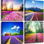 Canvas Prints Tulip Lavender Field Wall Art Colorful Flowers Artworks on Canvas Landscape Painting Framed for Modern Home Decoration