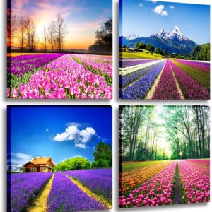Canvas Prints Tulip Lavender Field Wall Art Colorful Flowers Artworks on Canvas Landscape Painting Framed for Modern Home Decoration