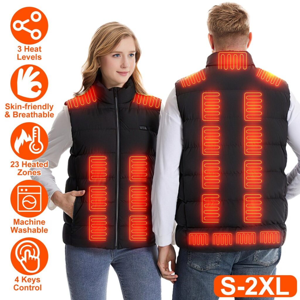 1Pc Heated Vest Men Women Heated Jacket with 23 Heating Zones 3 Heat Levels USB Powered Machine Washable for Winter Hiking Skiing Skating Outdoor Activities