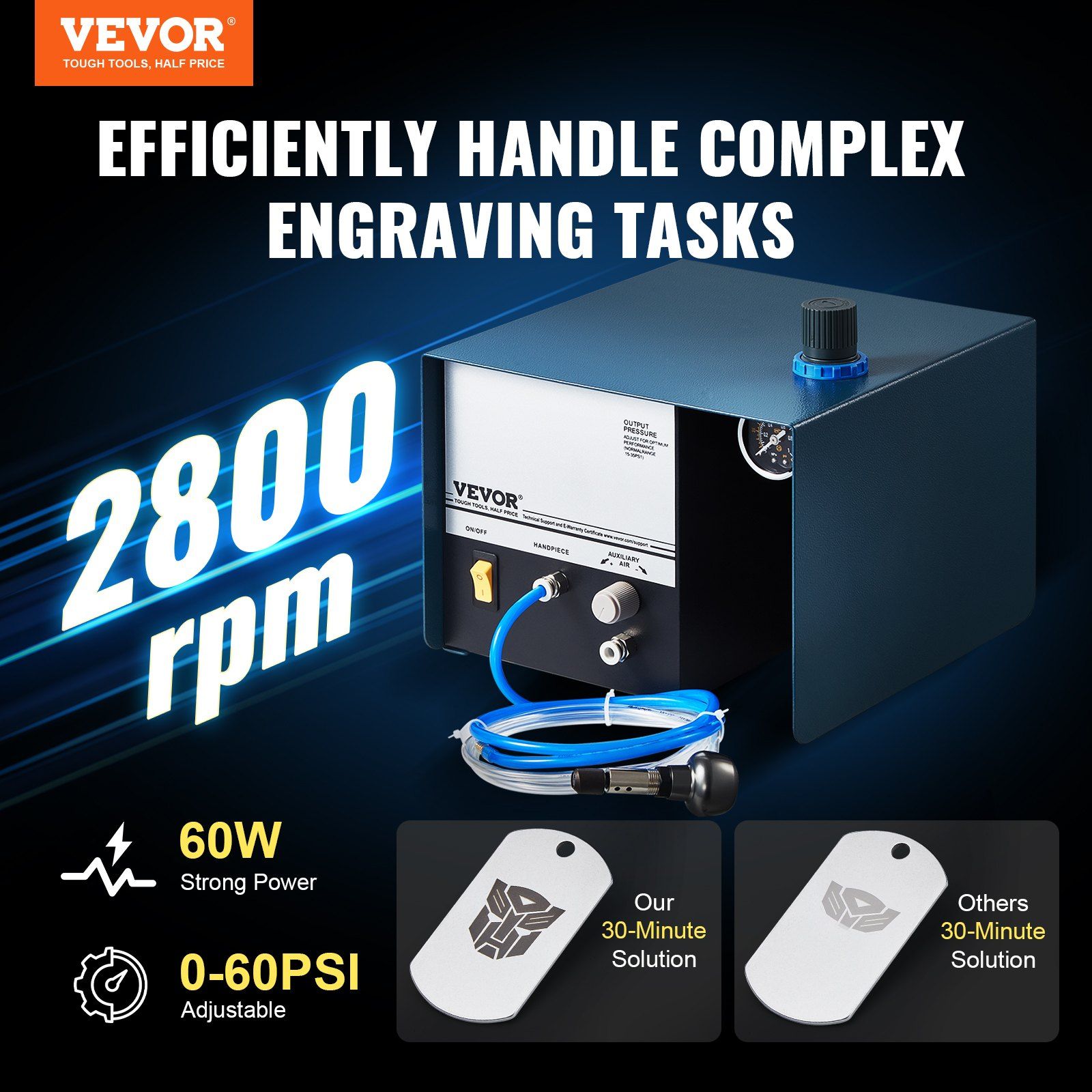 VEVOR Pneumatic Engraver 2800 RPM 80W Single Ended Pneumatic Engraving Machine - Image 2