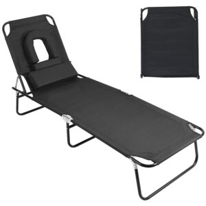 1Pc Folding Beach Lounge Chair Face Down Tanning Chaise Sunbathing Recliner 265LBS Max Load With 5-Angle Backrest 3 Removable Pillows For Beach P