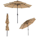 10FT 3-Tier Solar Patio Umbrella With 32 LED Lights, Outdoor Umbrellas With Push Button Tilt And Crank