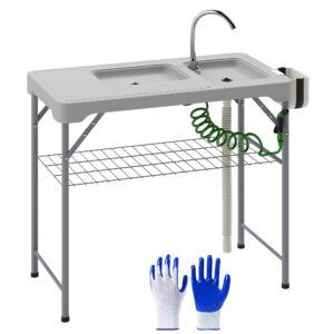 Folding Fish Cleaning Table With Sinks, Portable Camping Sink Table With Faucet, Drainage Hose, Sprayer, Shelf, Drawer And Storage Basket, Outdoo