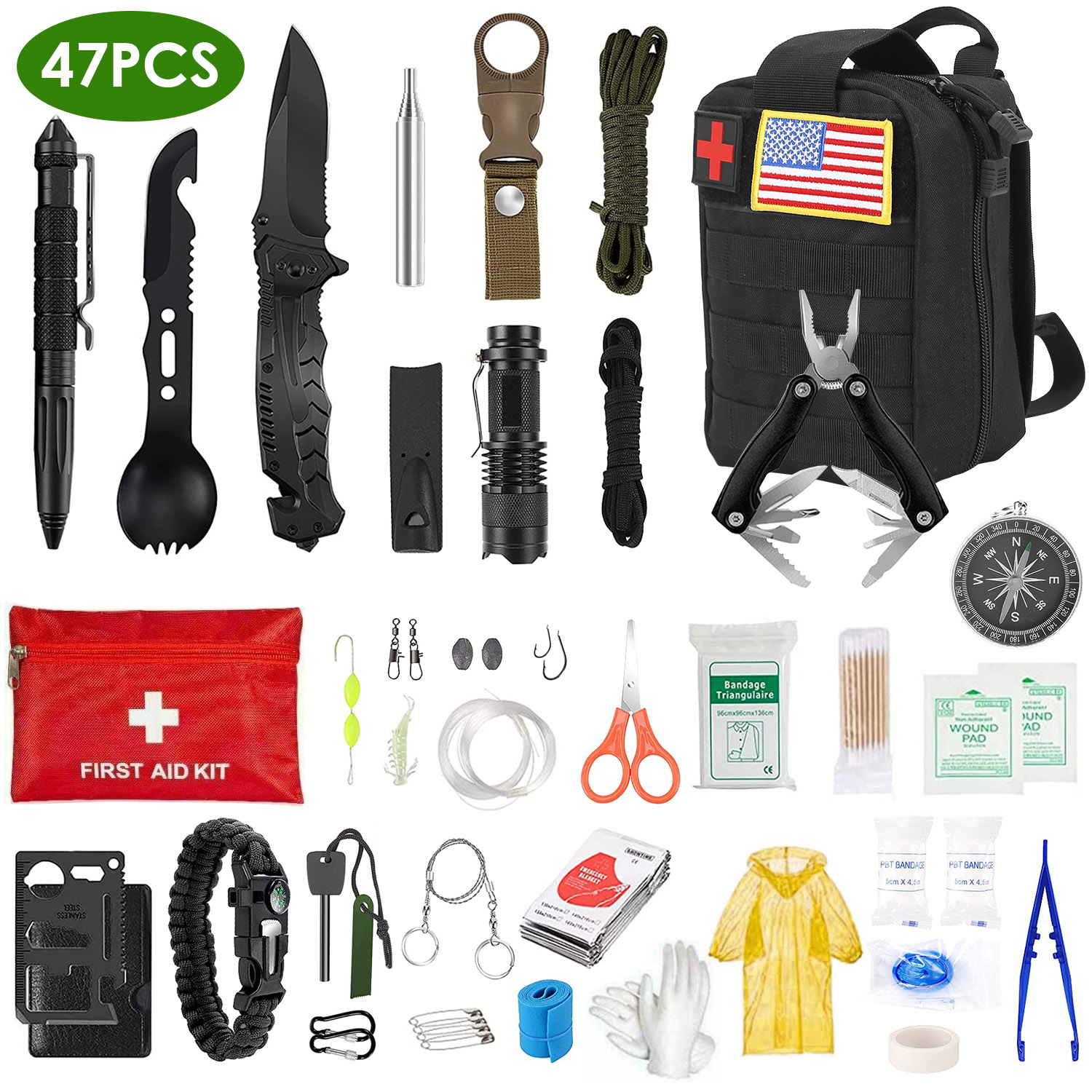 47Pcs Emergency Survival Kit Survival EDC Gear Equipment Tool First Aid Supplies Kit Tools With Pouch For Hiking Hunting Disaster Camping Adventu