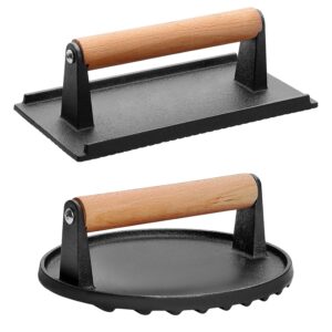 2Pcs Cast Iron Grill-1Pc Rectangular & 1Pc Round Press Pre-Seasoned Steak Weights Smash Burger Press Bacon Meat Smasher With Wood Handle 7in Roun