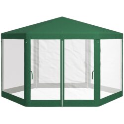 Outsunny 13' x 11' Outdoor Party Tent, Hexagon Sun Shade Shelter Canopy w/ Protective Mesh Sidewalls, Ropes & Stakes, Green