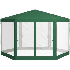 Outsunny 13' x 11' Outdoor Party Tent, Hexagon Sun Shade Shelter Canopy w/ Protective Mesh Sidewalls, Ropes & Stakes, Green
